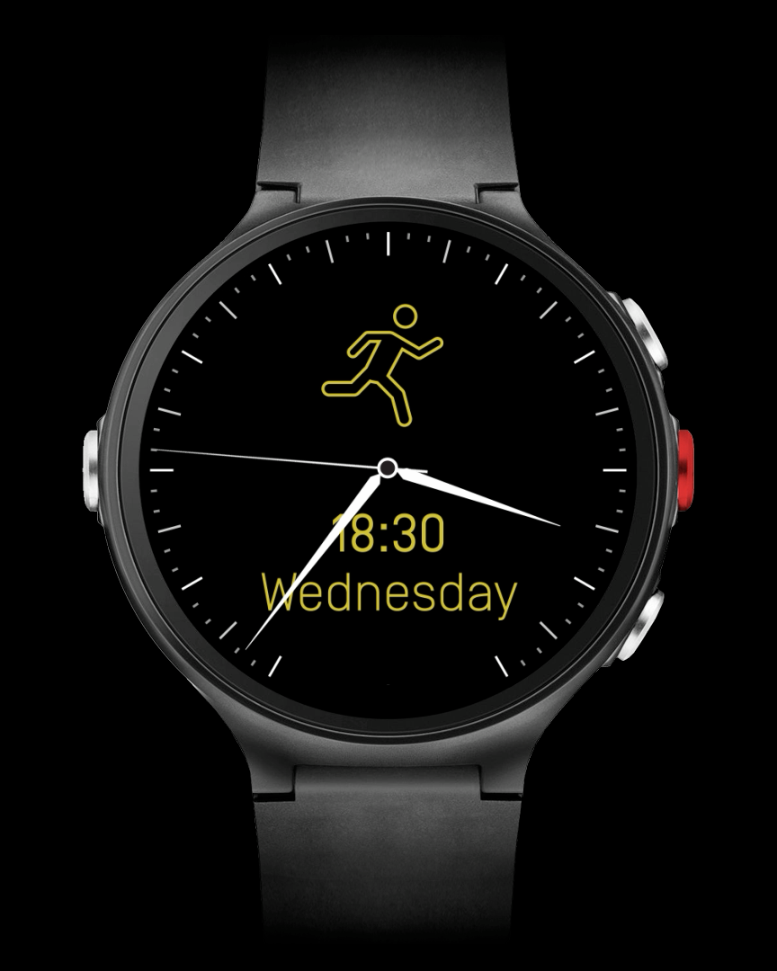 Polar smartwatch running watchface, interval timer showing 18:30 Wednesday