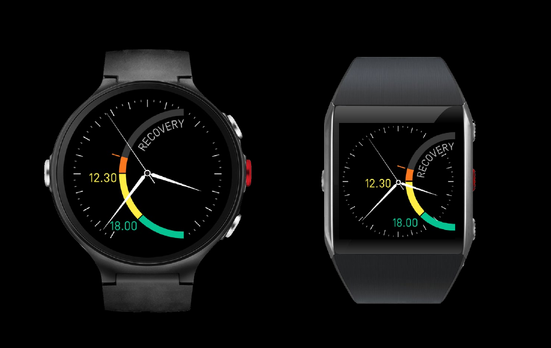 The same Recovery watchface design shown on both a round watch case and a square watch case