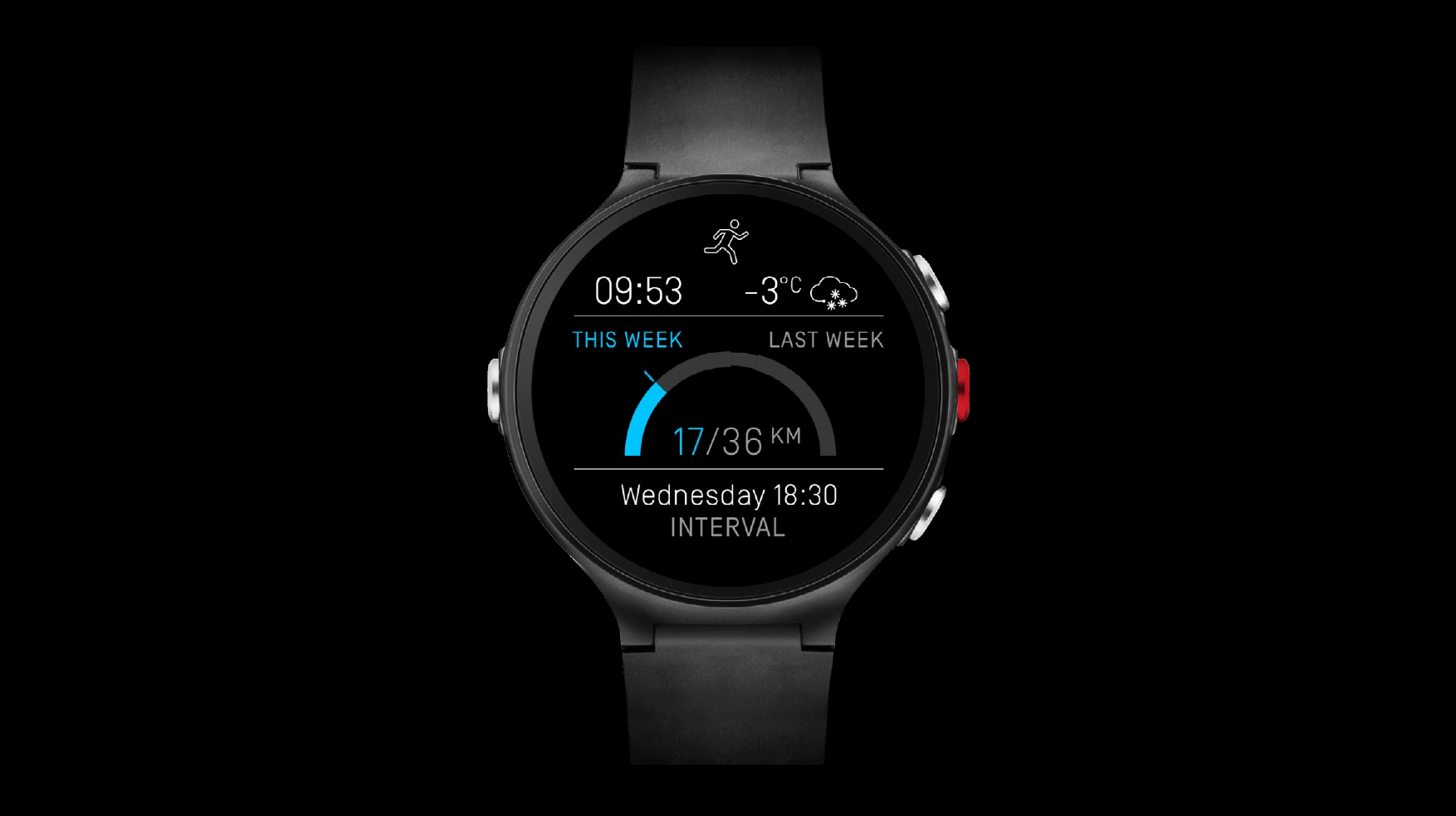 Polar watch Sport Dash showing weekly distance progress and the next scheduled workout