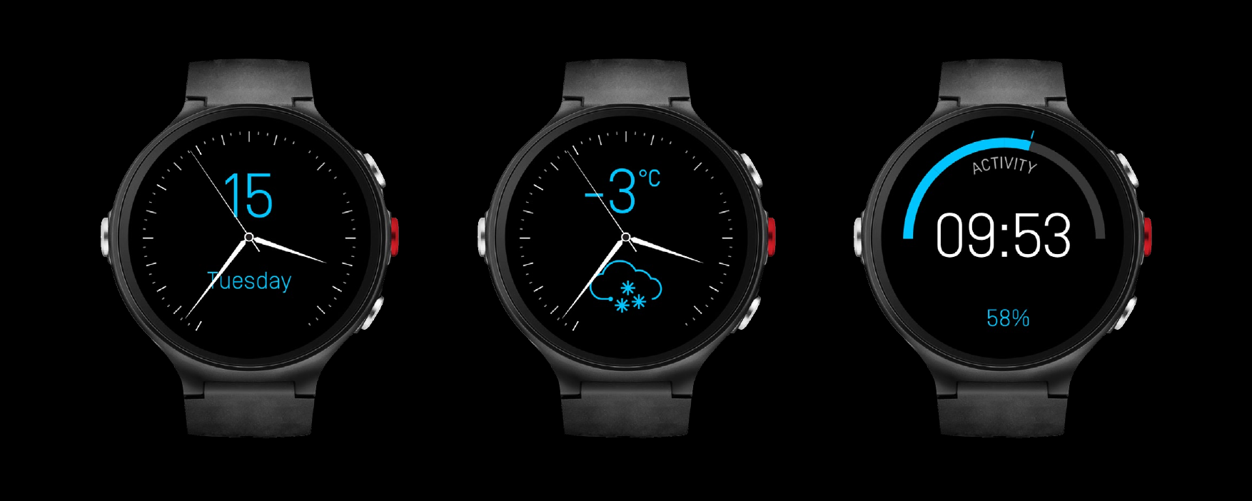 Three Polar watchfaces showing customisation options: time, weather, and activity percentage