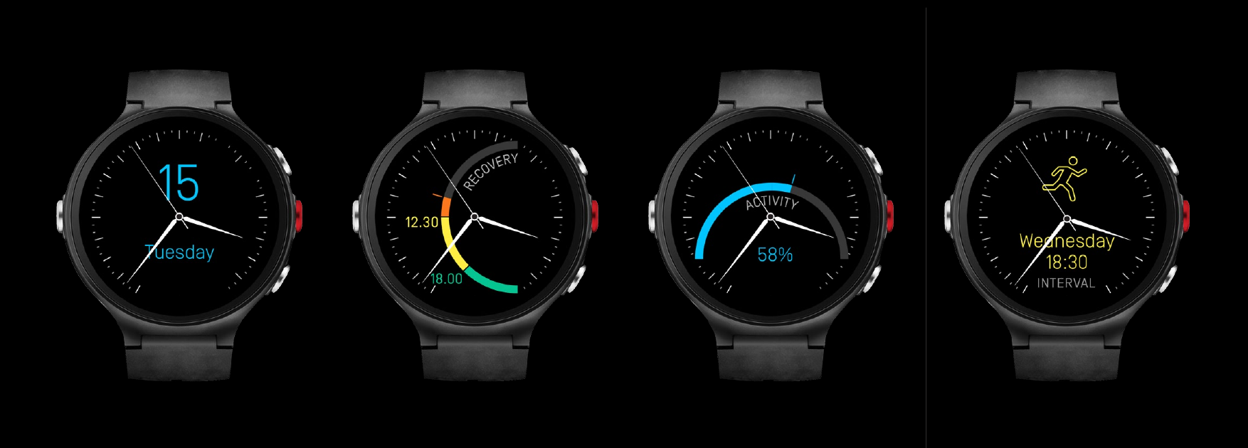 Four Polar watchfaces in a row: a default time and day face, a Recovery face, an Activity face, and an interval running face