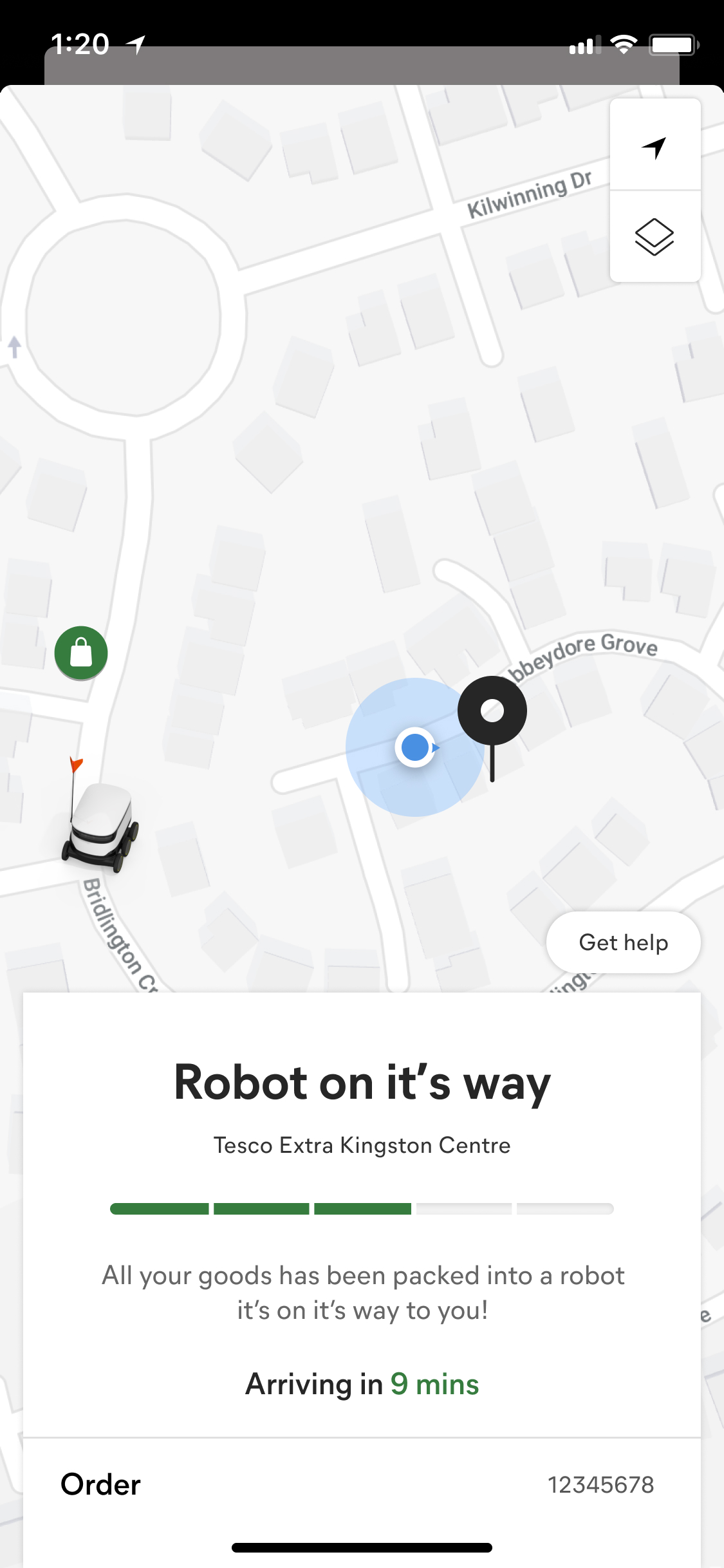 Starship app map screen tracking the robot en route, with a live arrival countdown