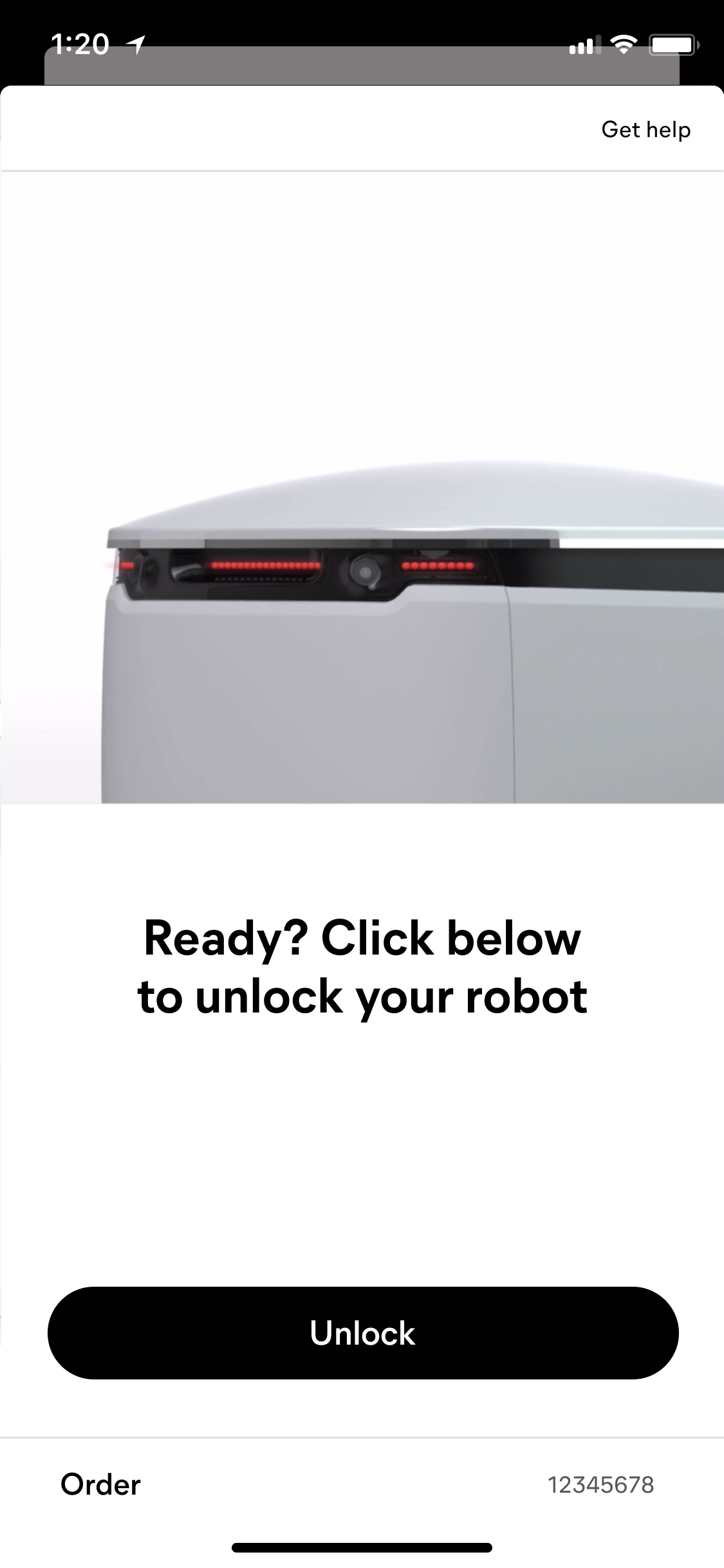 Starship app screen prompting the user to unlock the robot to retrieve their delivery