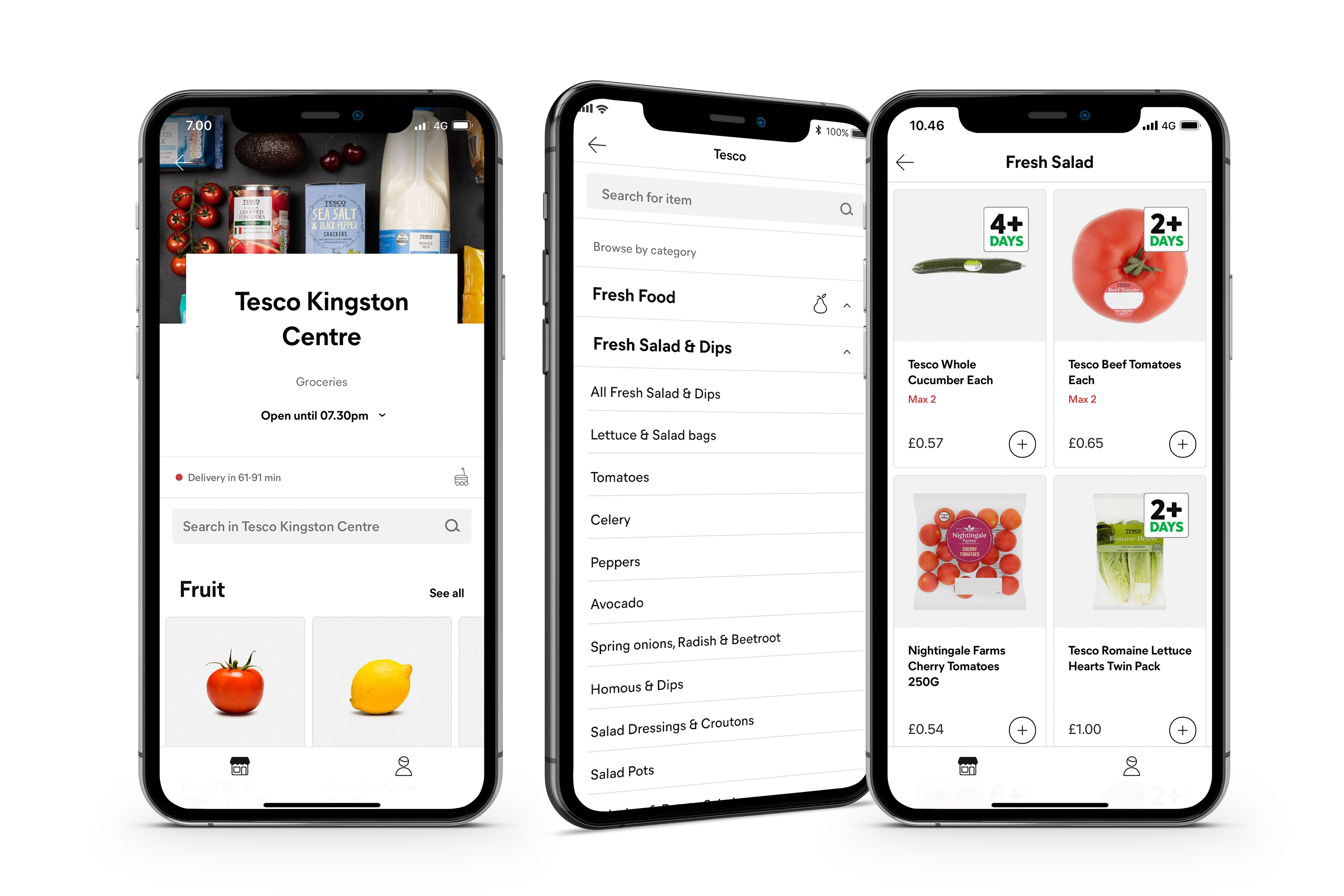 Starship app screens showing Tesco grocery search, category browsing, and a product listing