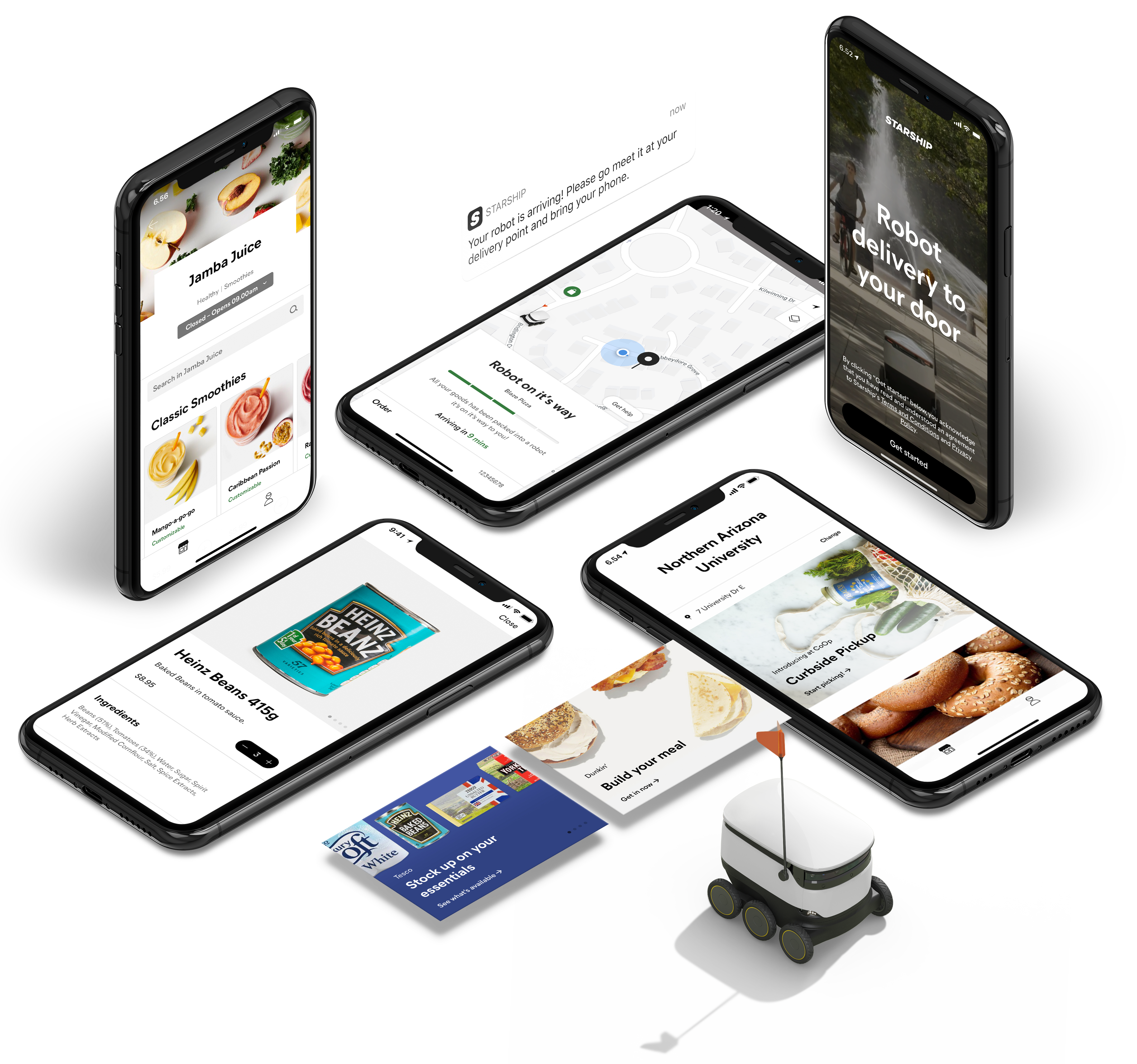 Collage of the Starship consumer app across multiple screens, including ordering, live robot tracking, and onboarding