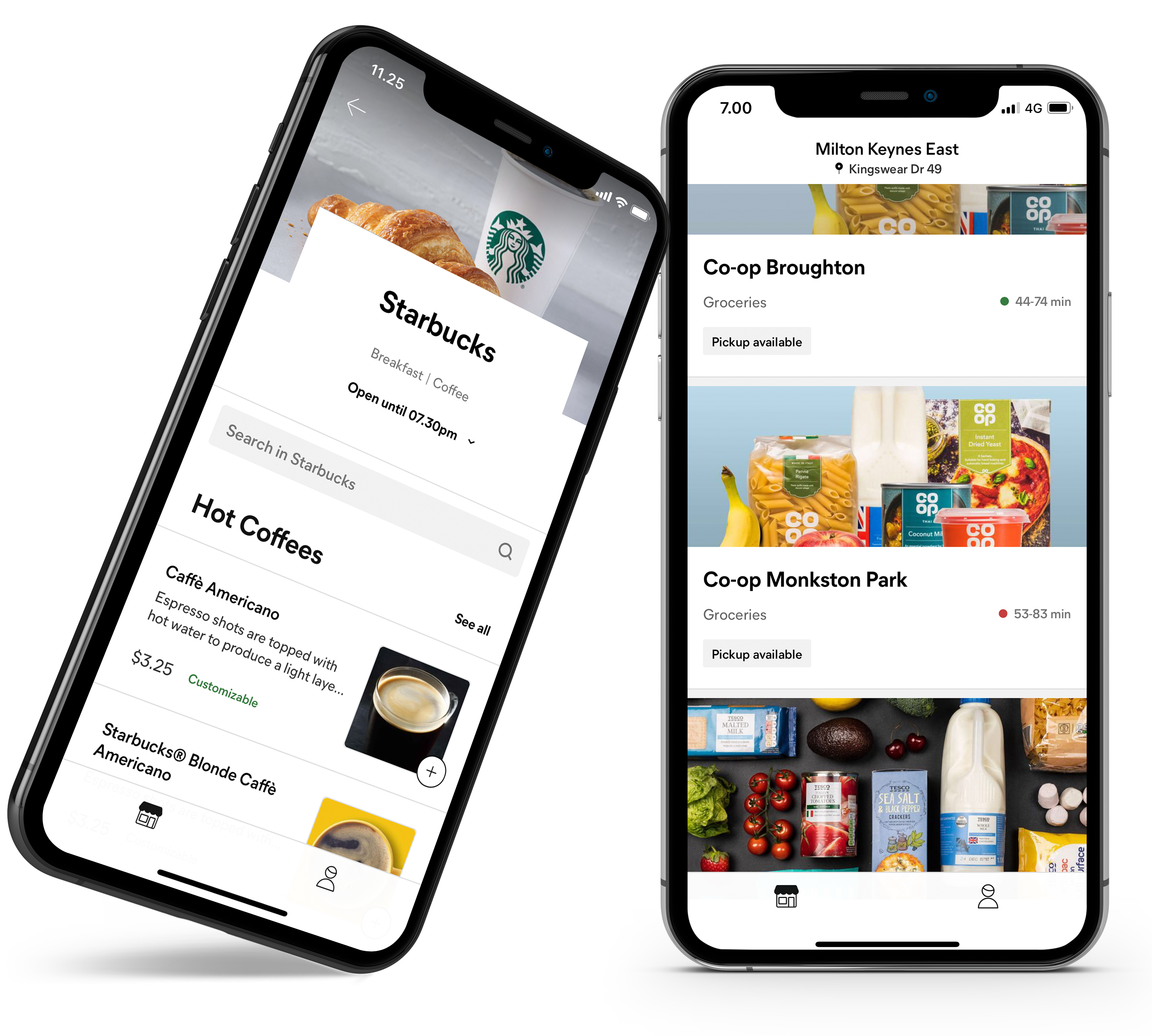 Starship app screens showing a Starbucks restaurant listing next to a Co-op grocery store listing