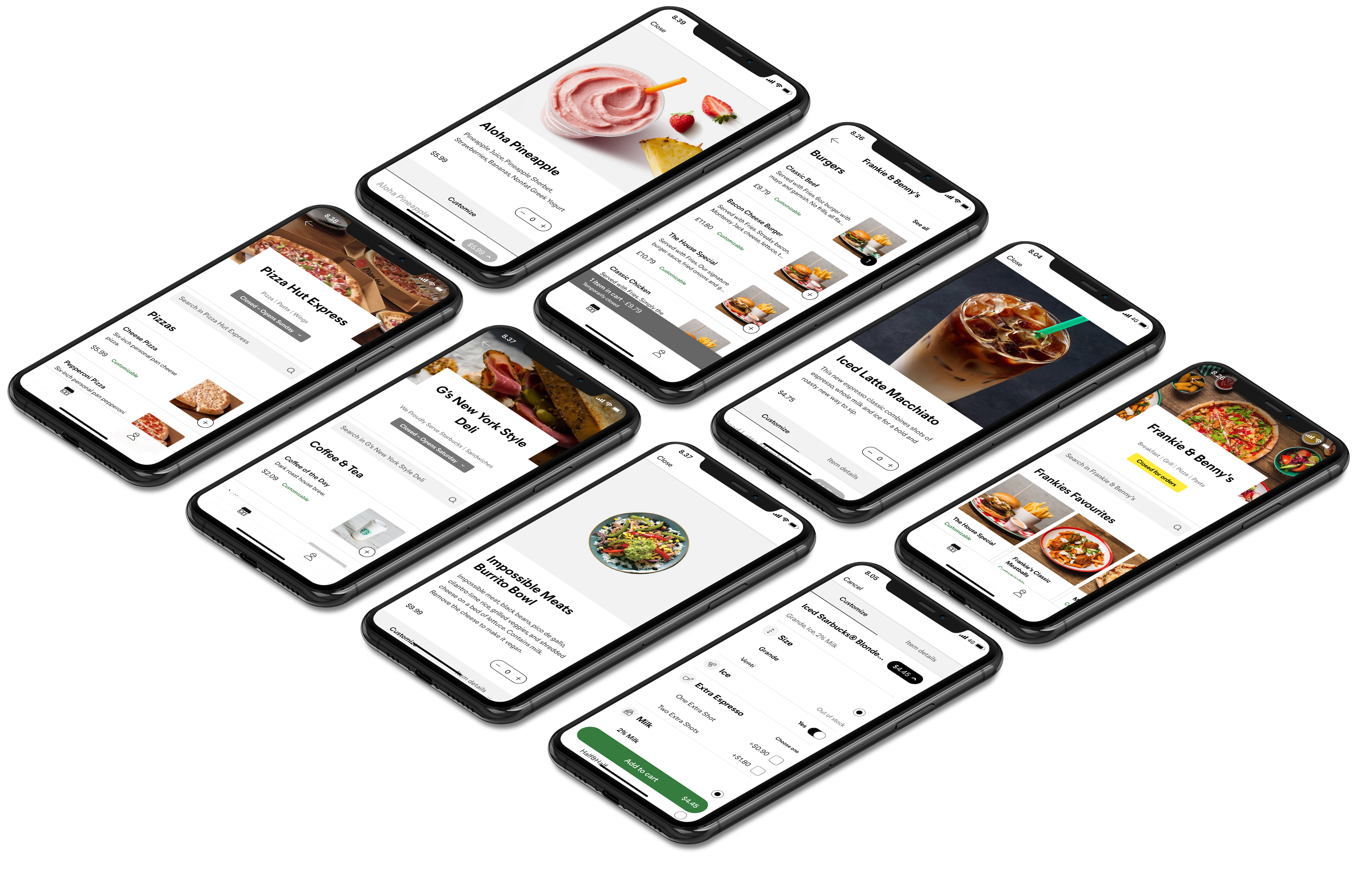 Starship app screens showing restaurant menus and a drink customization flow with size, ice, and milk options